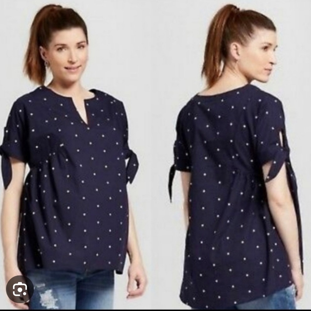 NWT Isabel Maternity (size L)Navy Polka Dot Short sleeves, keyhole ties, Top
